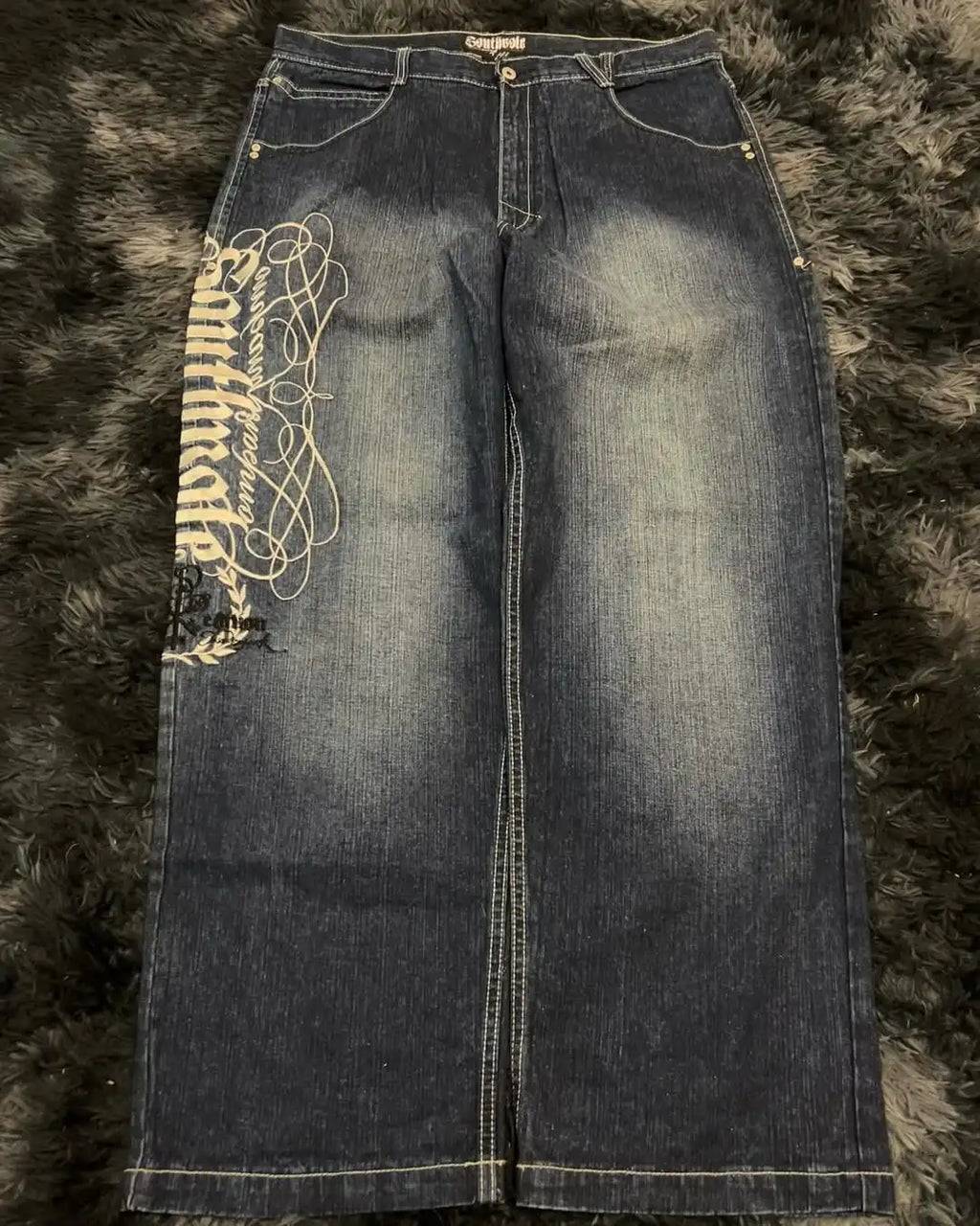 STORESDE Men's Embroidery Element Design Washed Wide-leg Straight Jeans Baggy High Waisted Classic Street Style Jeans Hip Hop Jeans