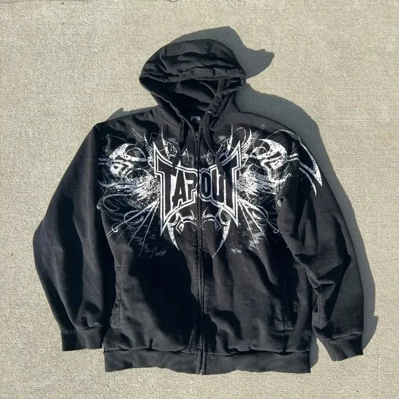STORESDE Y2K Fashion Tapout Zipper Hooded Sweater Retro Hip-hop Letter Printing Oversized Black Hooded Sweater Men And Women Gothic Tops
