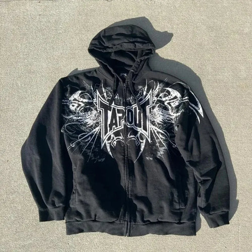 STORESDE Y2K Fashion Tapout Zipper Hooded Sweater Retro Hip-hop Letter Printing Oversized Black Hooded Sweater Men And Women Gothic Tops