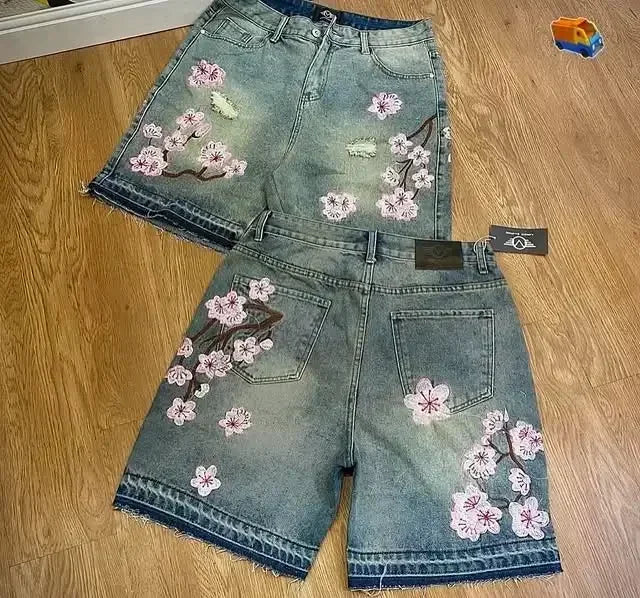 STORESDE Fashion Retro Streetwear Y2K Men Jeans Popular Patch Gothic Punk Style Shorts Embroidered Willow Nail Design Loose Casual Jeans