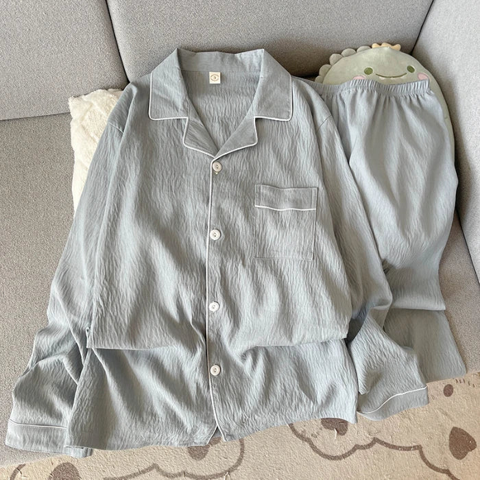 STORESDE Autumn New Solid Simple Men's Pajamas Set Plus Size Lapel Neck Long Sleeve 2 PC Men's Pajamas Casual Soft Oversized Loungewear