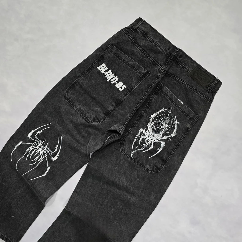 STORESDE Hip Hop Gothic Retro Spider Pattern Embroidery Baggy Jeans Y2k America Trendy Punk Mens Straight Wide Leg Denim Pants Black Jean