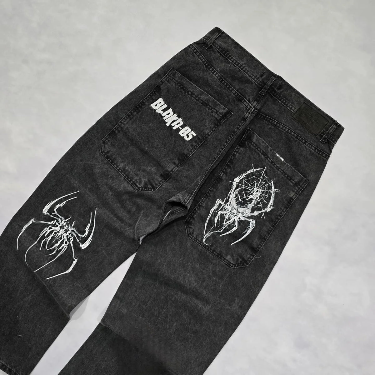 STORESDE Hip Hop Gothic Retro Spider Pattern Embroidery Baggy Jeans Y2k America Trendy Punk Mens Straight Wide Leg Denim Pants Black Jean