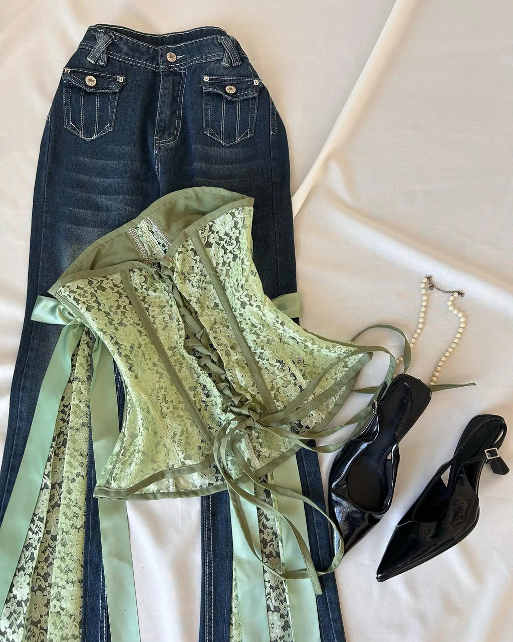 STORESDE Y2 Retro Sweet Bowknot Satin Ribbon Lace Patchwork Jeans Mid Waist Slimming Wrap Hip Bootcut Jeans Micro Elastic Denim Pants