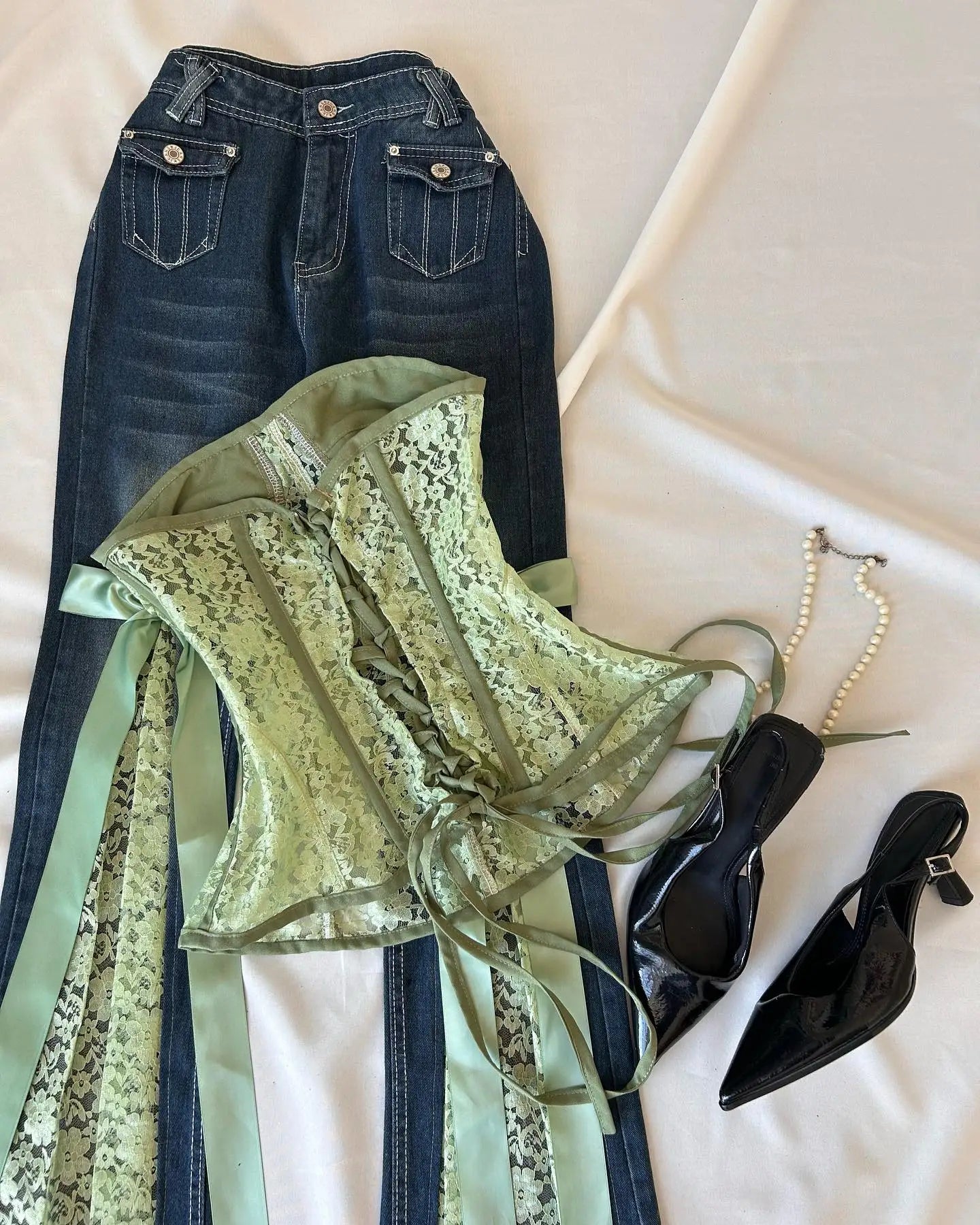 STORESDE Y2 Retro Sweet Bowknot Satin Ribbon Lace Patchwork Jeans Mid Waist Slimming Wrap Hip Bootcut Jeans Micro Elastic Denim Pants
