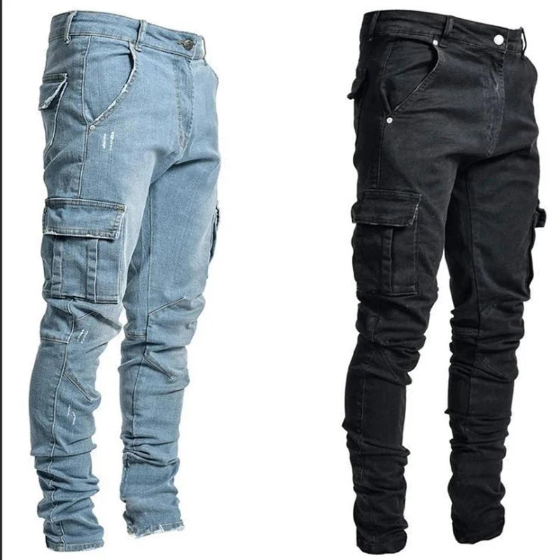 STORESDE Men Street Elastic Denim Jeans Wash Solid Color Multi Pockets Cargo Pants Casual Slim Fit Daily Wear Joggers Mid Waist Trousers