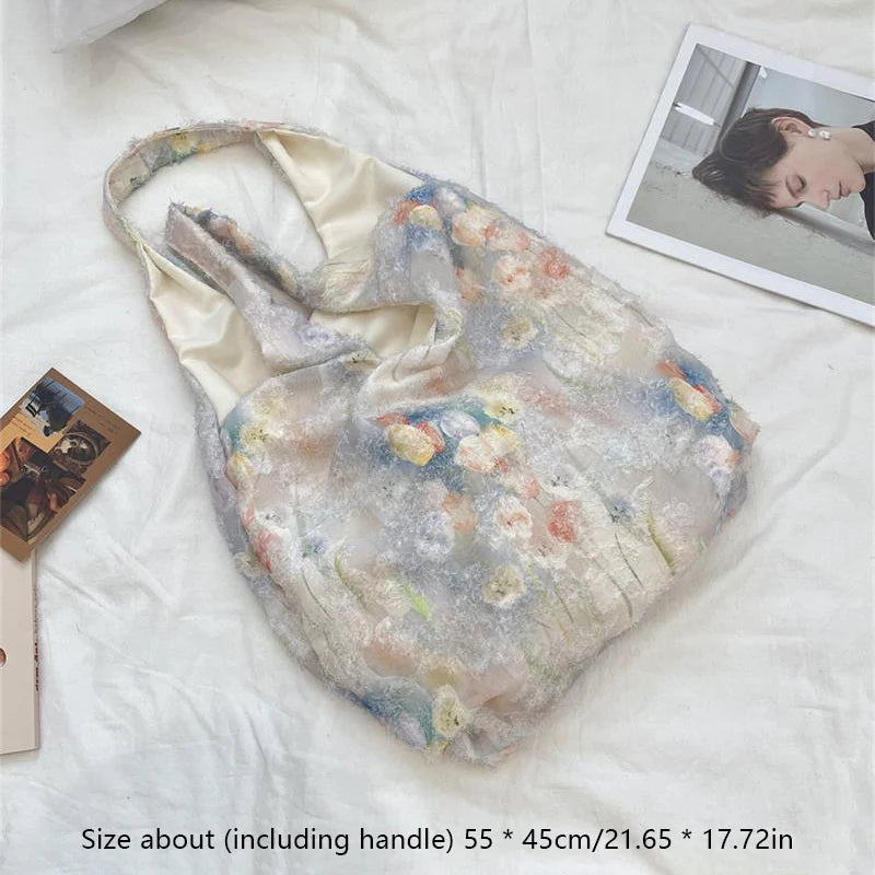 STORESDE Cute Large Capacity Lace Art Ink Painting Tote Canvas Bag Travel Portable Sundry Storage Bag Girls Sweet Shoulder Bag Gift