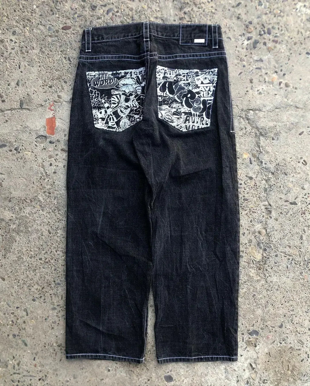STORESDE Solid Color Washed Geometry Floral Embroidery Element Baggy Wide-leg Jeans Commute Korean Style Popular Straight-leg Jeans