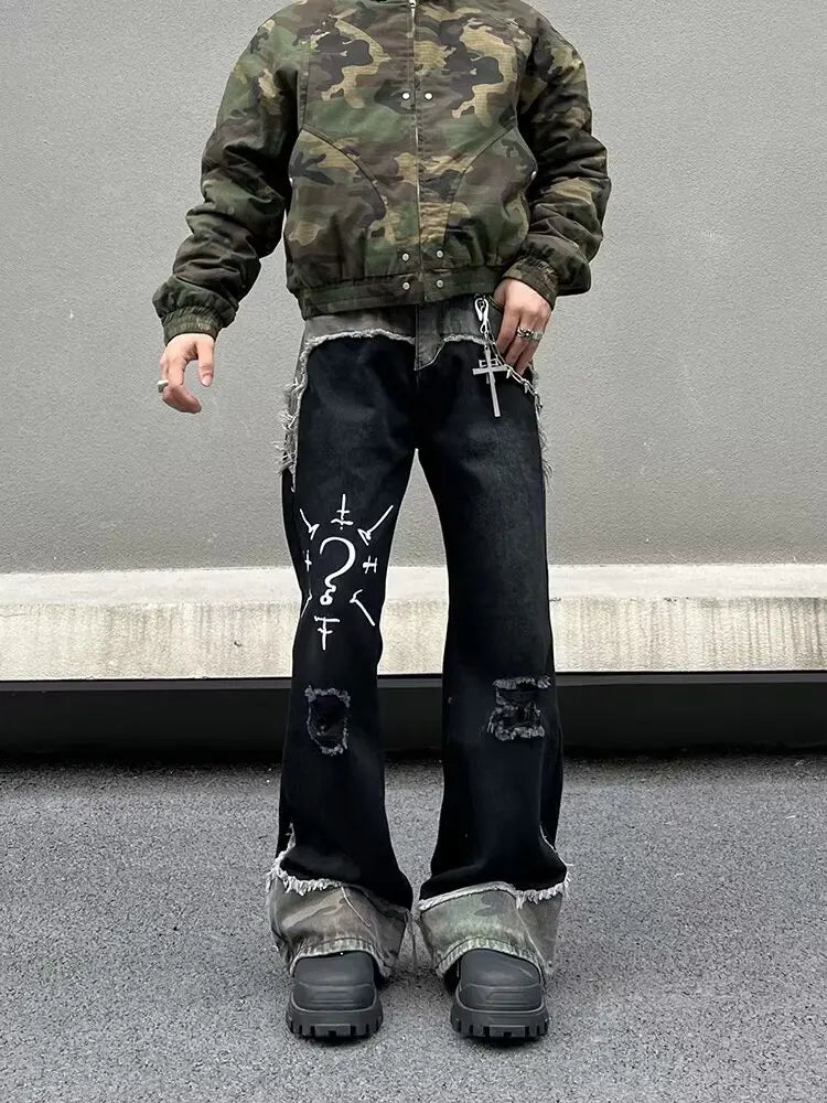STORESDE 2025 Punk Y2K Style Camouflage Patchwork Graffiti Baggy Ripped Jeans Pants For Men Clothes Straight Long Trousers Pantalon Homme
