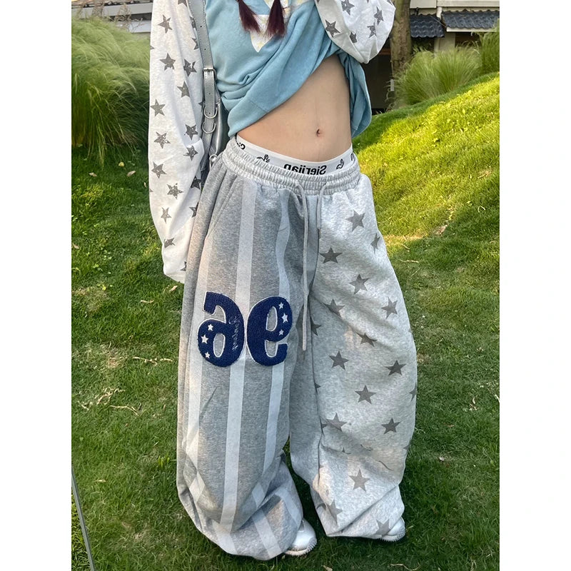 STORESDE YIBASHU Women Gray Star Stamp Baggy Wide Leg Sweatpants American Embroidery Pants Harajuku 2000s Style Vintage Y2k Dance Trouse