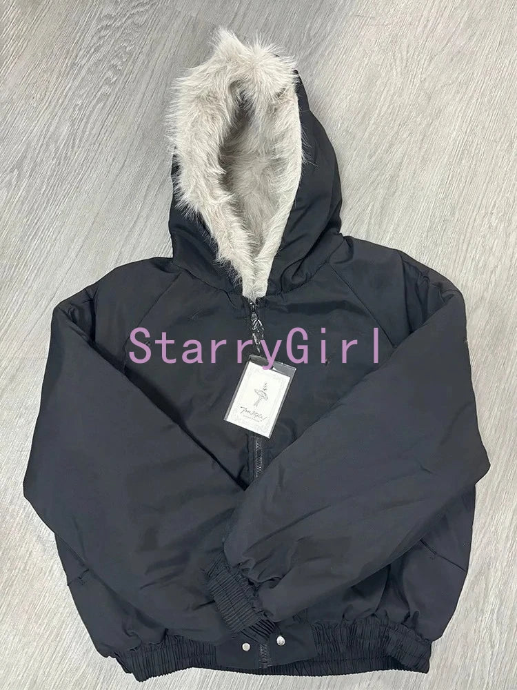 STORESDE Winter New Elegant Liner Fur Loose Coat Women Y2k Fur Collar Hood Thick Fashion Parkas Casual Outerwear Cotton Padded Jackets