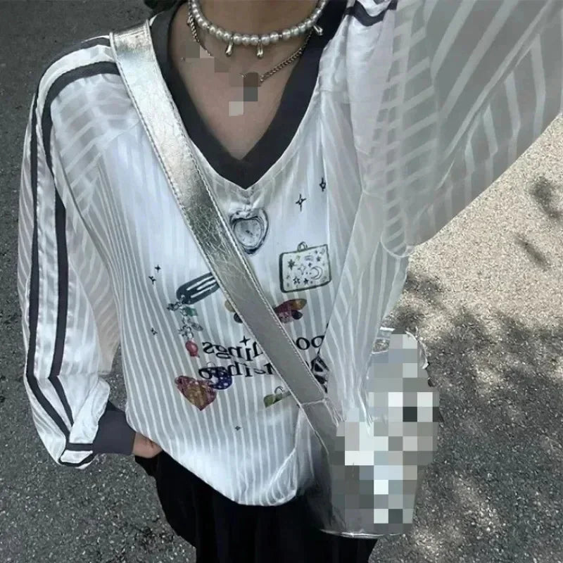 STORESDE Korean Y2k Butterfly Print T-shirts for Women Translucent Striped V Neck Long Sleeve Tee Shirt American Retro Oversize Clothes