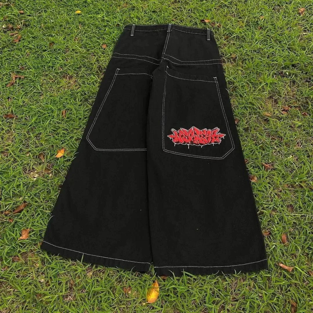 STORESDE Men's Embroidery Element Design Washed Wide-leg Straight Jeans Baggy High Waisted Classic Street Style Jeans Hip Hop Jeans