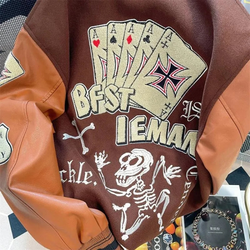 STORESDE American New Retro Letter Flocking Splicing Jacket Female Y2K High Street Fashion Hip-hop Loose Tooling Baseball Uniform Jacket