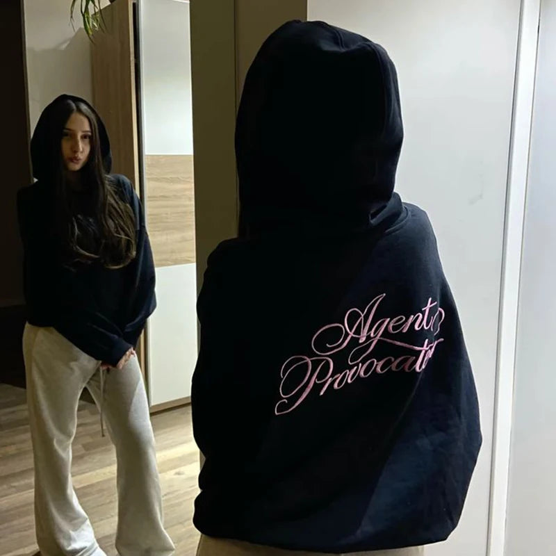 STORESDE Harajuku hooded sweatshirt aesthetically pleasing fashionable unique streetwear letter print American retro everyday casual tops