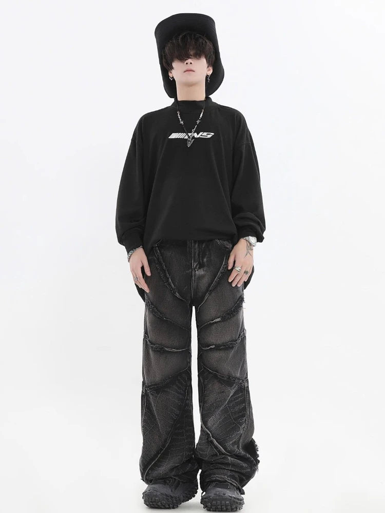 STORESDE New National Tide Couples American Raw Edge Stone Mill Washed Jeans Y2K Gothic Punk Style Loose Straight Tube Make Old Trousers