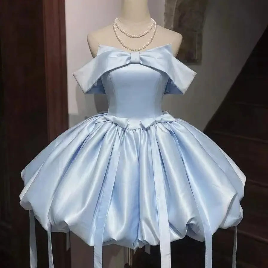 STORESDE 2026 Japanese Summer Blue Pure Desire One Shoulder Birthday Dress Thousand Gold Style Bow Knot Slim Short Sleeve Women's Dress