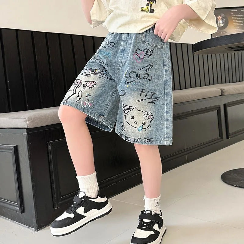 STORESDE New Summer Girls Denim Shorts Cartoon Hello Kitty Fashion Loose Knee Length Jeans Pants For 4-14 Years Teen Kids Casual Trousers