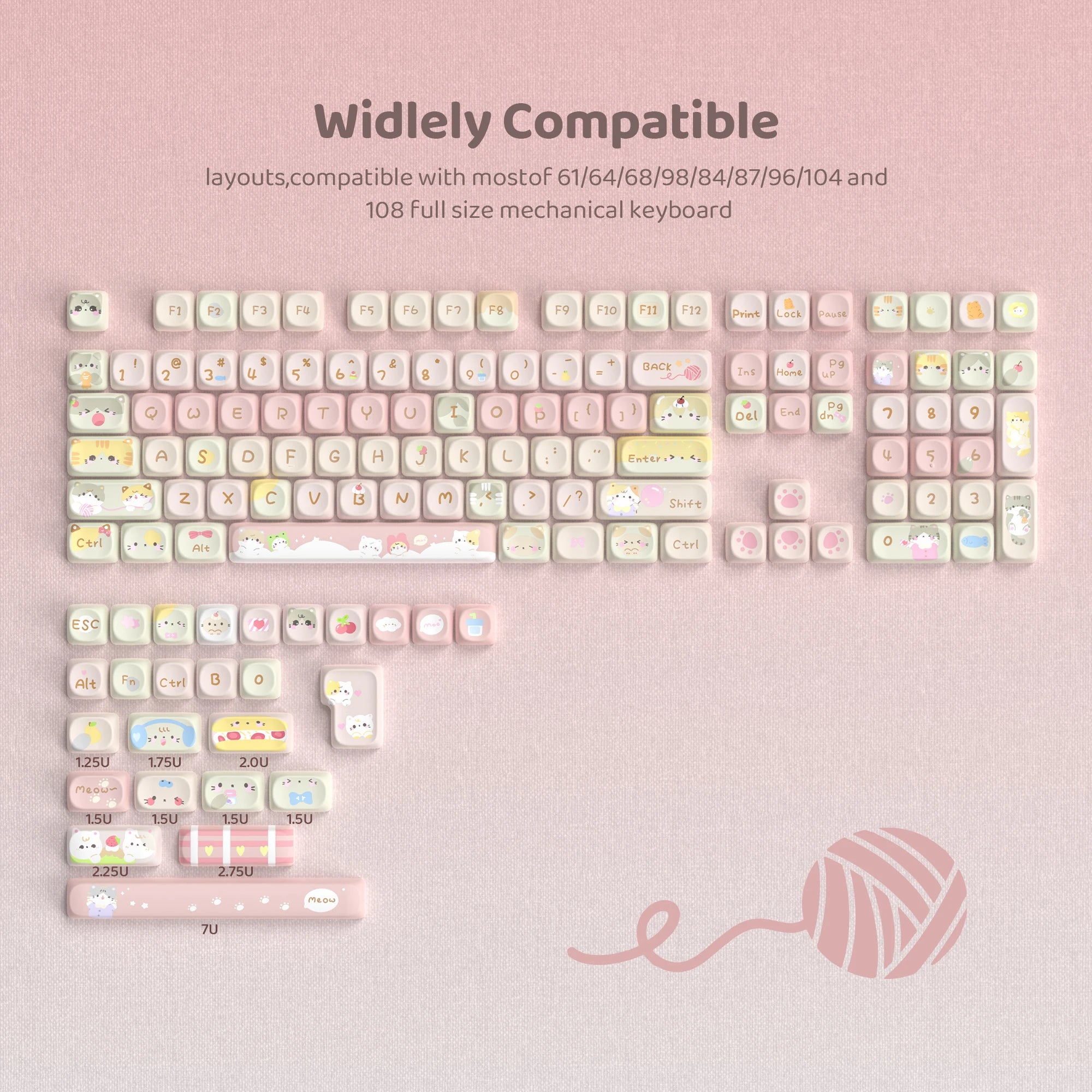 STORESDE Pink Cat Dye Sublimation PBT Keycaps 136 Keys MOA Profile Keyboard Keycaps for Cherry Gateron MX Switches Mechanical Keyboards