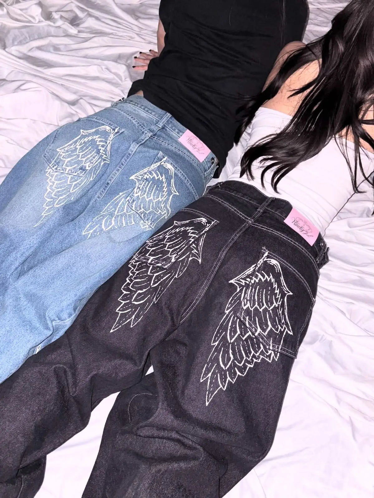 STORESDE Trendy and fashionable Harajuku retro high street angel wing rhinestone embroidery millennium straight-leg loose denim trousers