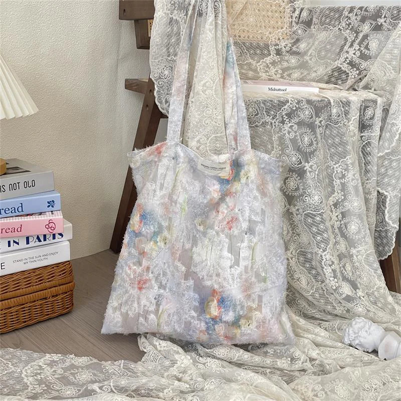 STORESDE Cute Large Capacity Lace Art Ink Painting Tote Canvas Bag Travel Portable Sundry Storage Bag Girls Sweet Shoulder Bag Gift