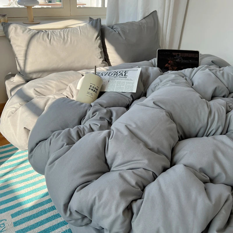 STORESDE Cotton Bedding Set 4pcs with Solid Bed Sheet Duvet Cover Pillowcases Single Couple Bedsheet King Queen Double Twin Size