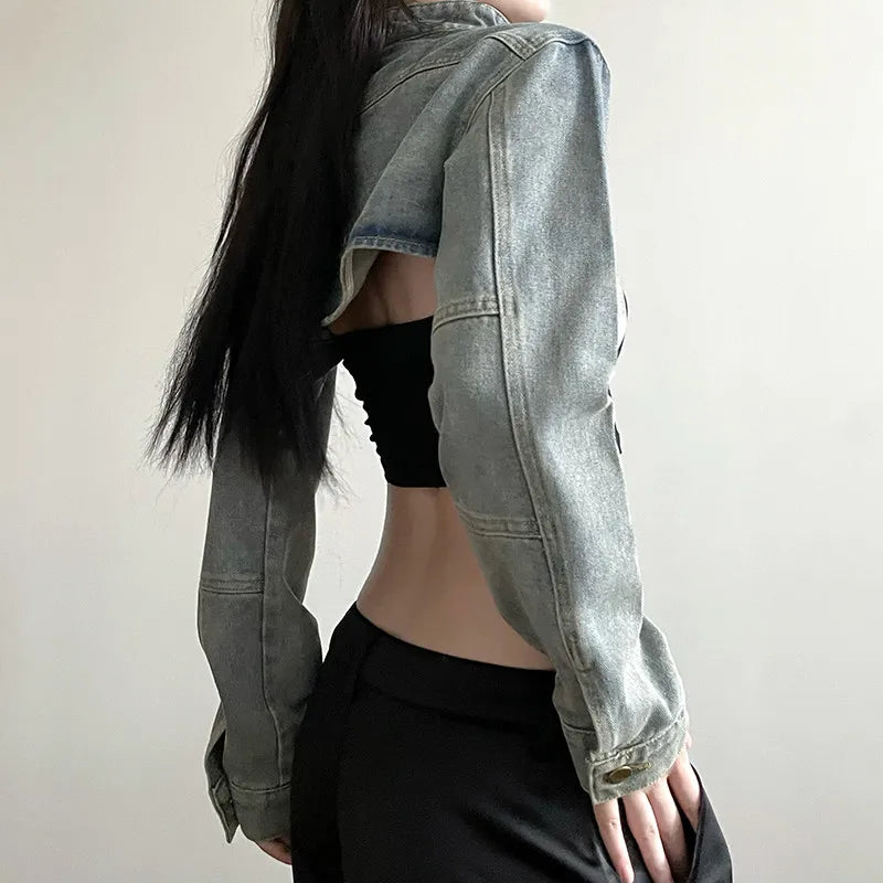 STORESDE MEXZT Y2K Cropped Denim Jacket Women Vintage 90S Sexy Long Sleeve Jeans Coats Summer Gyaru Harajuku Streetwear Design Outerwears
