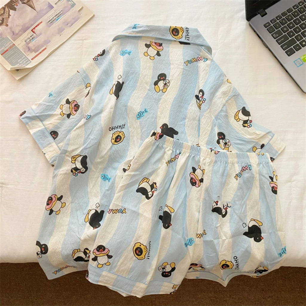 STORESDE Penguin Print Women Autumn Two Piece Pajama Set Long Sleeve V Neck Top & Elastic Waist Pants 2 Pieces Female Sleepwear Nightwear