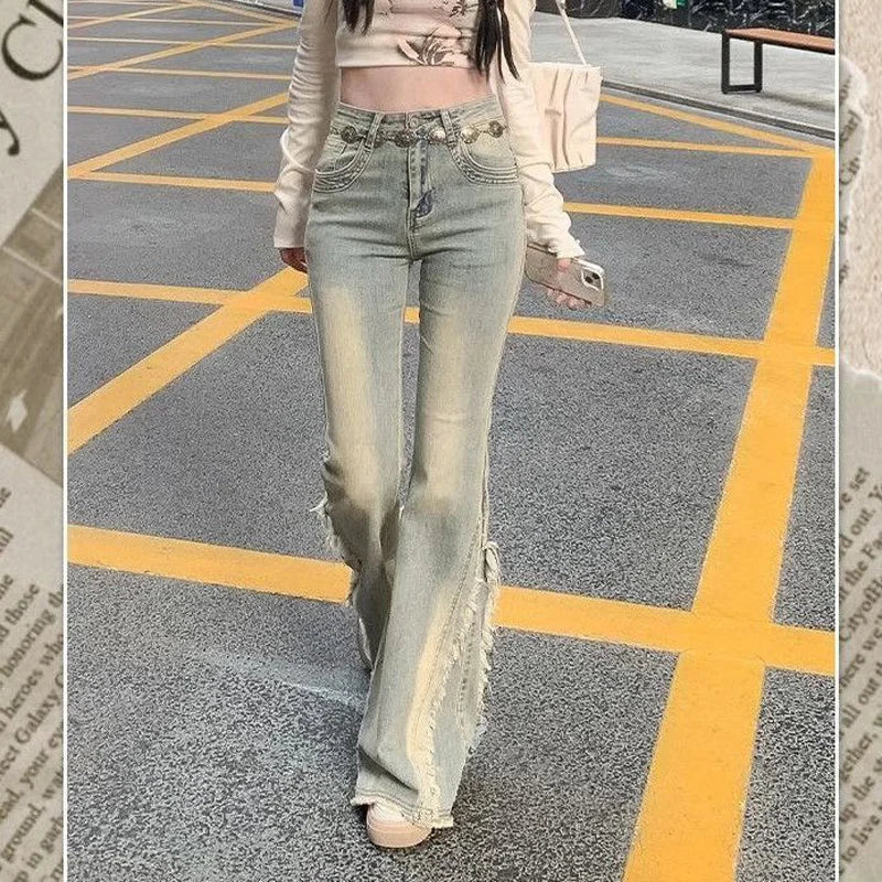 STORESDE Women Vintage Blue Jeans High Waist American Retro 90s Raw Material Edge Design Y2k Denim Pants Streetwear Wide Leg Jeans