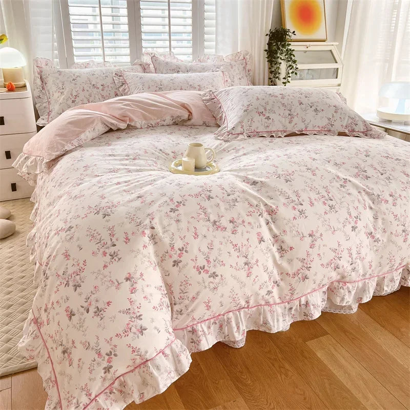 STORESDE Princess Style Ruffles 100% Cotton Quilt Cover Set or Single Quilt Covers Floral Soft Duvet Cover Cotton Cute Comforter Covers