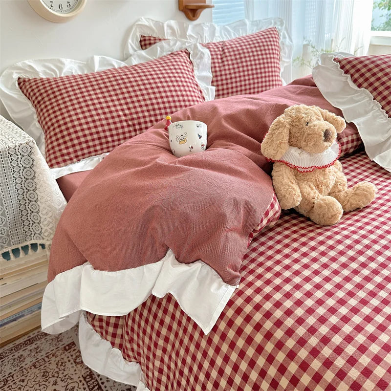 STORESDE 3pcs red,black plaid Duvet Cover Set (1*Duvet Cover + 2*Pillowcase, Without Core), Lace embroidery Bedding Set