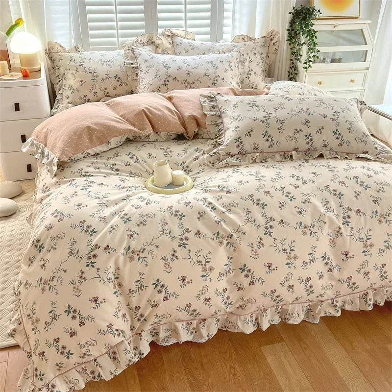 STORESDE New Ruffles 100% Cotton Duvet Cover Set or Single Duvet Covers Floral Princess Style All Cotton Quilt Cover Queen Blanket Cover