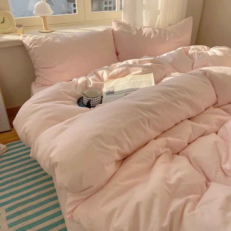 STORESDE Cotton Bedding Set 4pcs with Solid Bed Sheet Duvet Cover Pillowcases Single Couple Bedsheet King Queen Double Twin Size