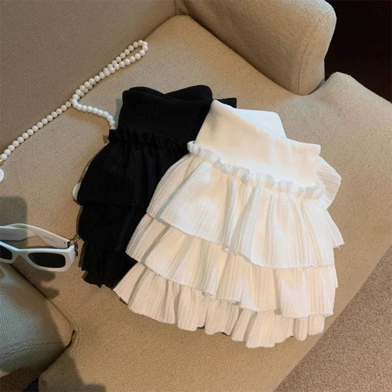 STORESDE Sweet Puffy Cake Women Skirts Korean Fashion Ruched Ruffle Mini Skirt Campus Harajuku Casual Versatile Elastic Waist Solid Skirt