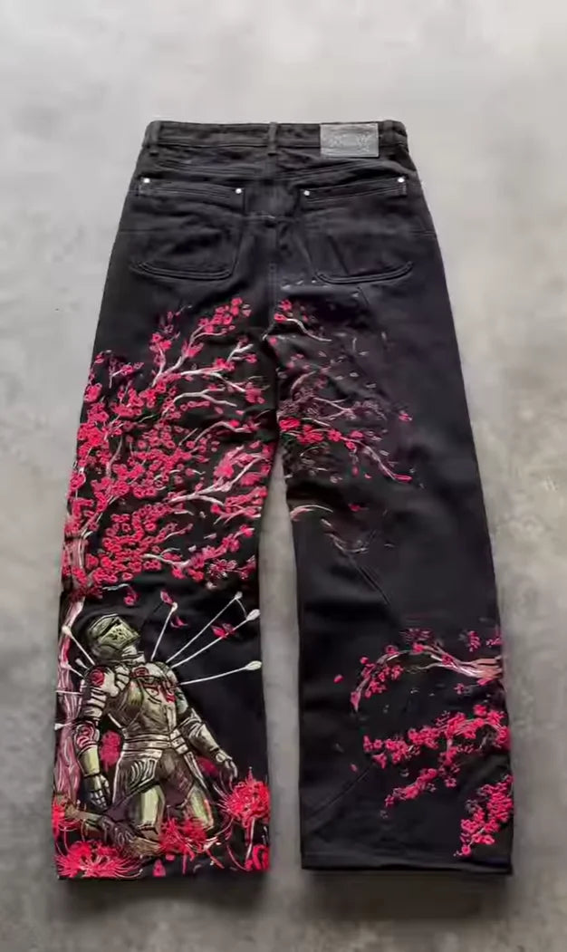 STORESDE Men's Black Wide Leg Jeans Samurai Cherry Blossom Print Red Spider Lily Graphic New Japanese Streetwear Baggy Denim Pants Women