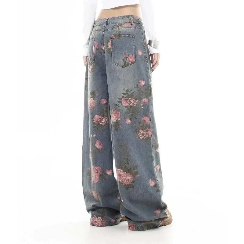 STORESDE Women's Blue Flower Baggy Jeans Y2K Japanese Harajuku High Street Aesthetic High Waist Wide Leg Retro Jeans Pants Clothing 2025