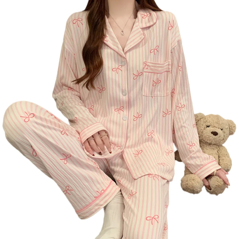 STORESDE Pink Bow Tie Design Pajamas for Women Long Sleeve Top & Elastic Waist Pants Pajamas Set Harajuku Style Casual New Home Wear