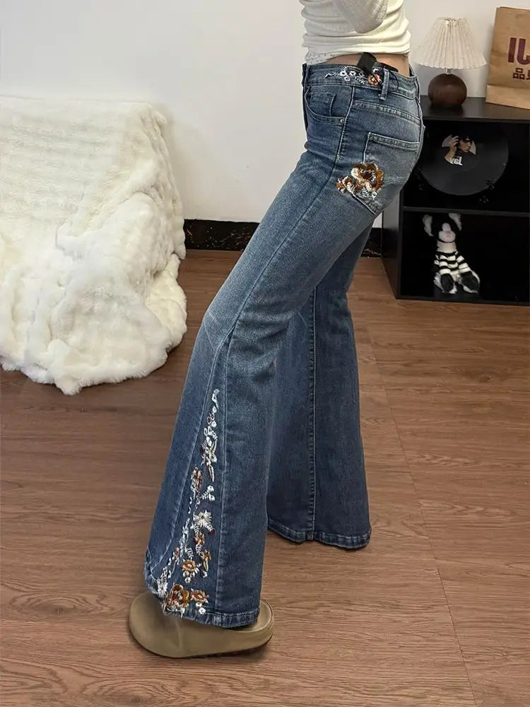 STORESDE American Large Size Heavy Industry Flower Embroidery Pattern Women Flared Jeans Mid-Rise Slim Retro Harajuku Floor-Mopping Pants