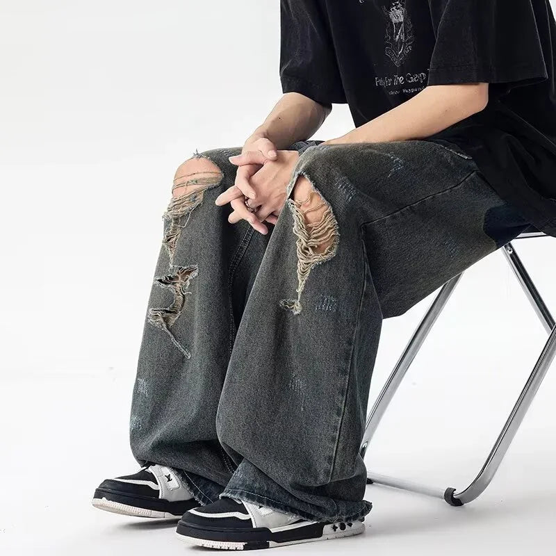 STORESDE Spring American Retro Ripped Wide-leg Jeans For Men High Street Fashion Distressed Baggy Denim Pants 2025 New Casual Y2K Jean