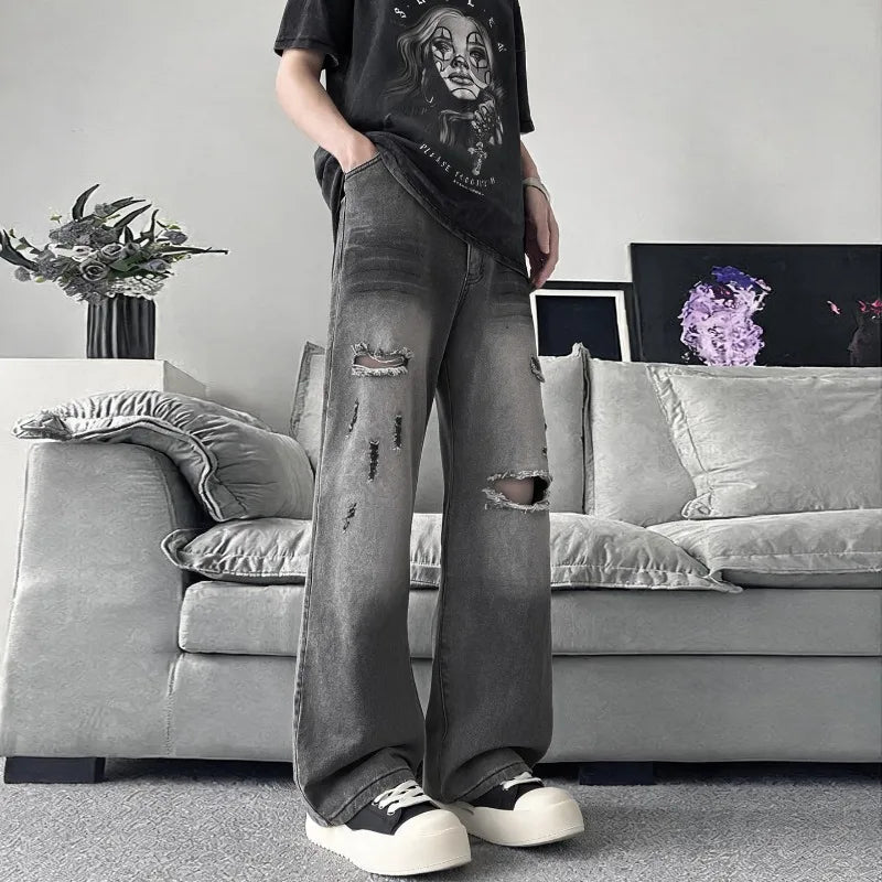 STORESDE Summer Men's Distressed Denim Pants 2026 New Gray Washed Ripped Loose Straight Leg Casual Streetwear Jeans
