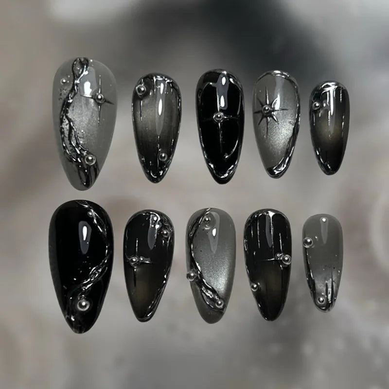 STORESDE 24Pcs Black Y2k Long False Nails with Almond Head Design Cat's Eye Silver Stripe Pattern Press on Fake Nails Wearable Nail Tips