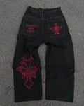 STORESDE Retro Skull Embroidery Y2K Jeans Mens Hip Hop Washed Baggy Denim Pants New Straight Casual Loose Wide Leg Trouser Streetwear