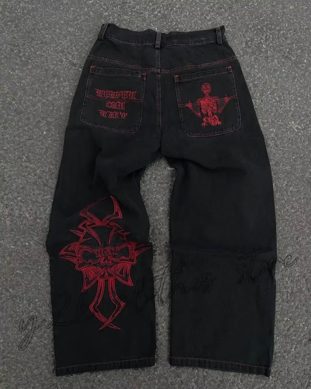 STORESDE Retro Skull Embroidery Y2K Jeans Mens Hip Hop Washed Baggy Denim Pants New Straight Casual Loose Wide Leg Trouser Streetwear