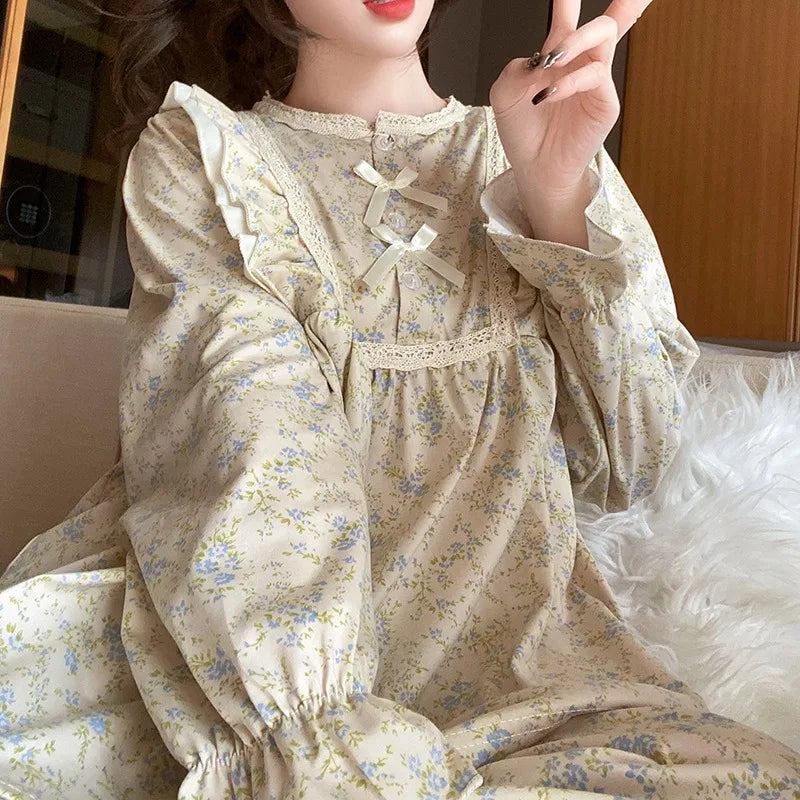STORESDE Ladies Pajamas Garden Style Student Casual Long Sleeve Pants Two-Piece Bow Set Nightwear Women Four Season Academic Atmosphere