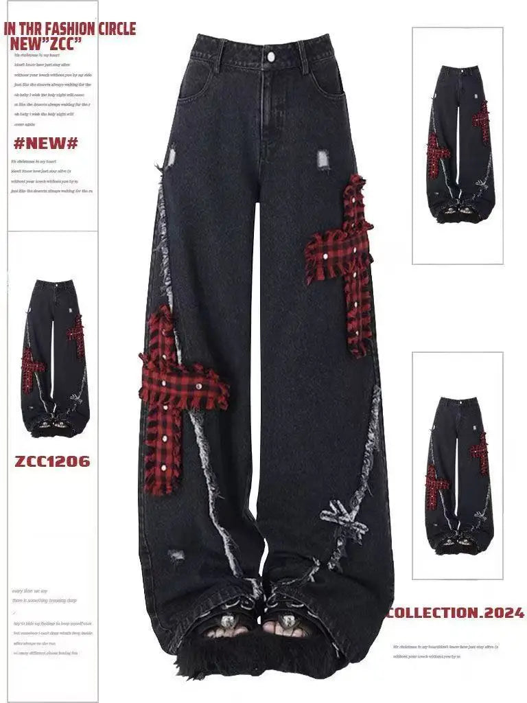 STORESDE Y2K High Street Red Letter Embroidered Baggy Jeans Women Gothic American New Straight Pants Fashion Street Retro Wide-leg Pants