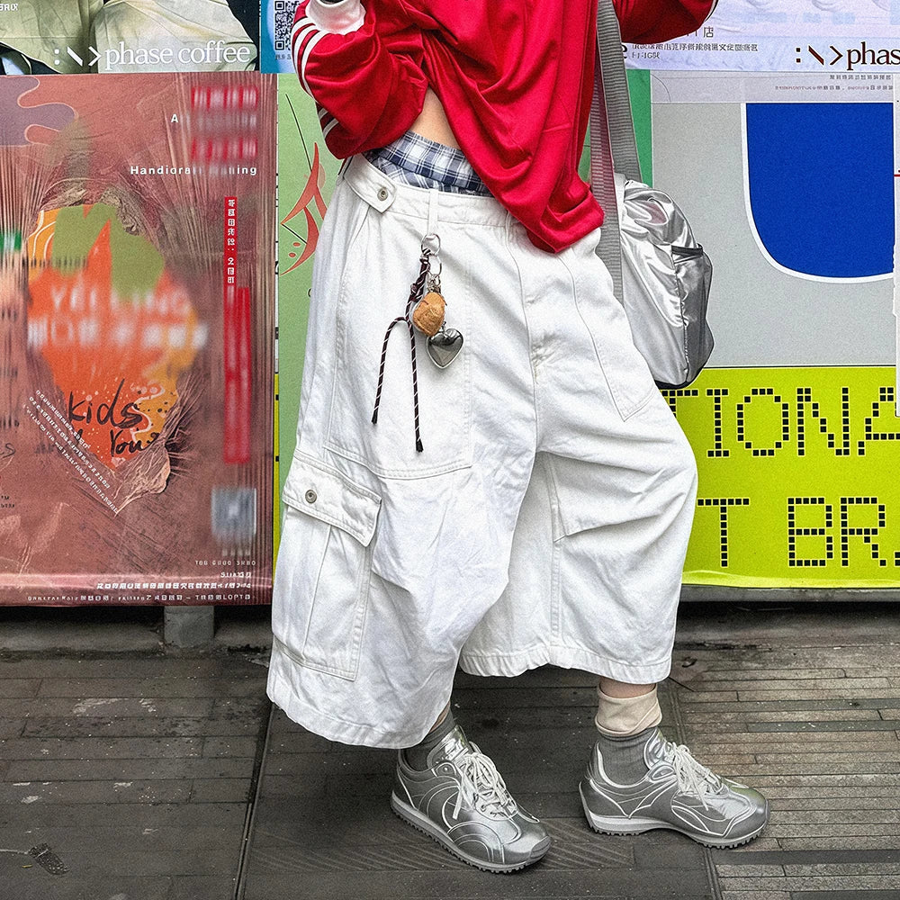 STORESDE PBAP White Cargo Jean Shorts Women Big Pockets Casual Wide Leg Pleats Adjust Waist Baggy Bermuda Pants Hiphop Vintage Streetwear