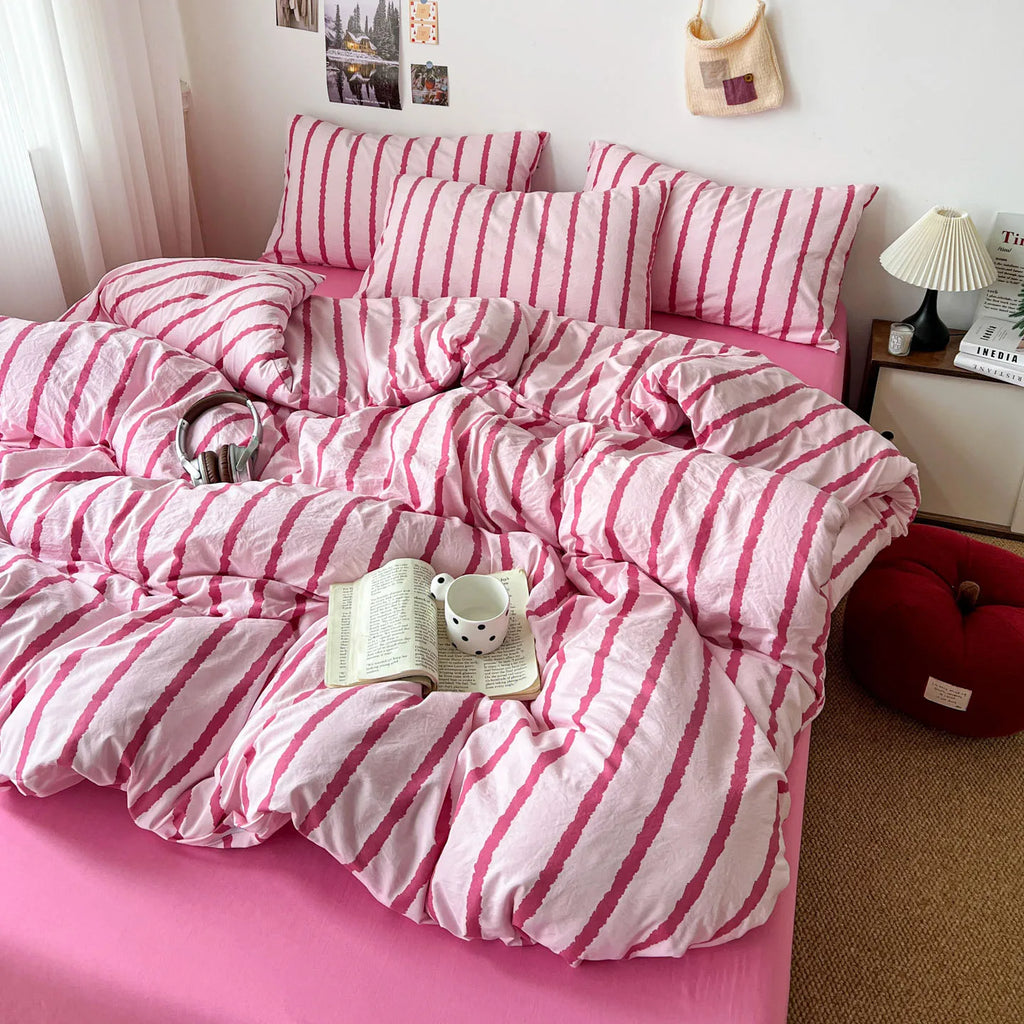 STORESDE 3pcs Simple Pink Striped Duvet Cover Set with 2 Pillowcases Soft Washed Cotton Bedding Set For Girls 150x200cm Bedroom Decor