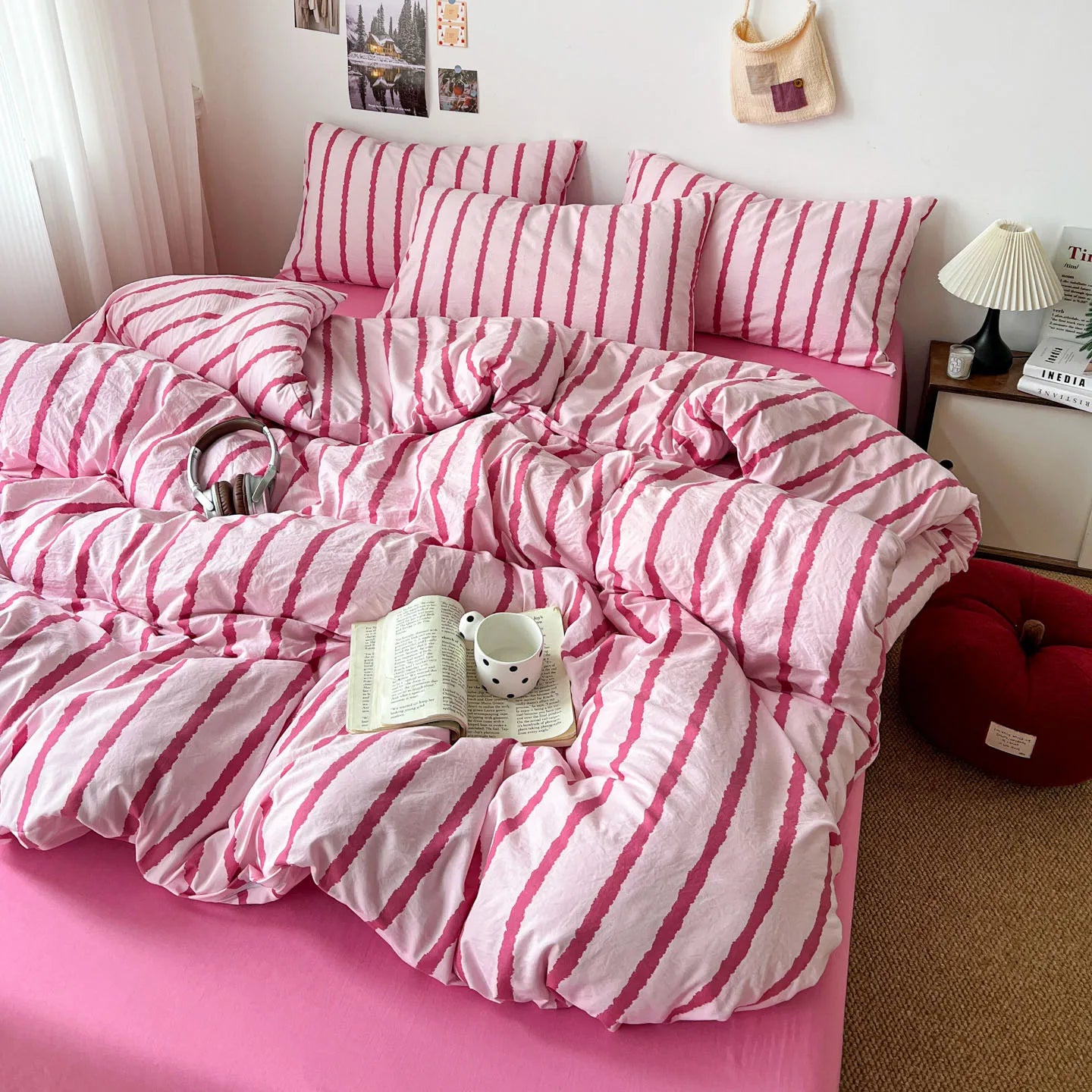 STORESDE 3pcs Simple Pink Striped Duvet Cover Set with 2 Pillowcases Soft Washed Cotton Bedding Set For Girls 150x200cm Bedroom Decor