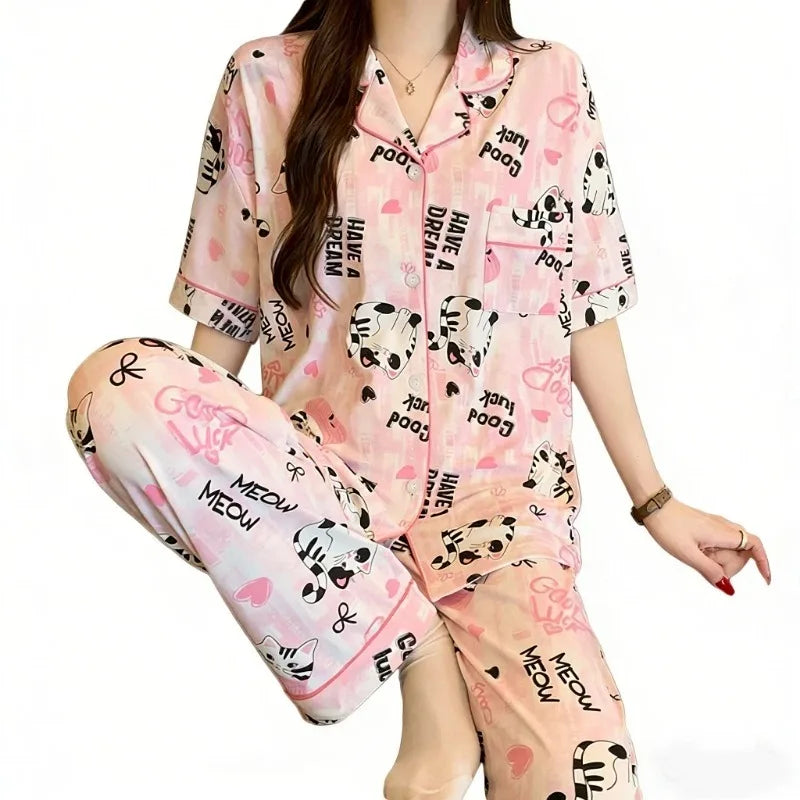 STORESDE Cute Elephant Strip Print Women's Pajama Set Sleepwear Loungewear Y2K Korean Style Sweet Kawaii Summer New Casual Pajamas Set