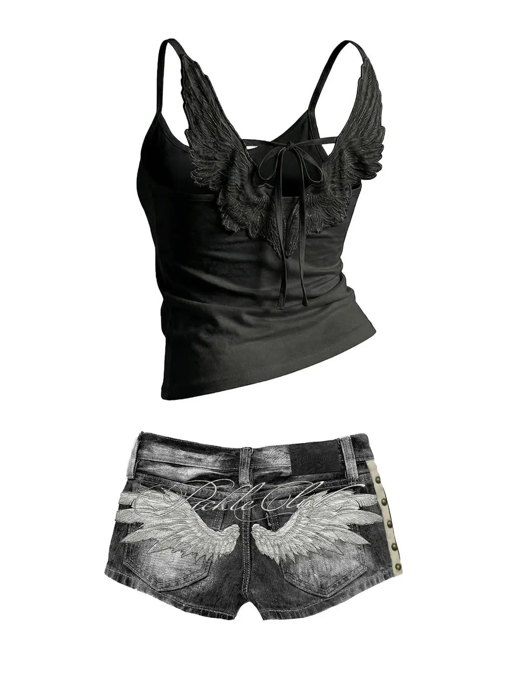 STORESDE Y2K Hot Girl Angel Wings Embroidered Vest Denim Shorts Suit Retro Sexy Shorts Subculture Punk Rivet Design Low-Waisted Pants